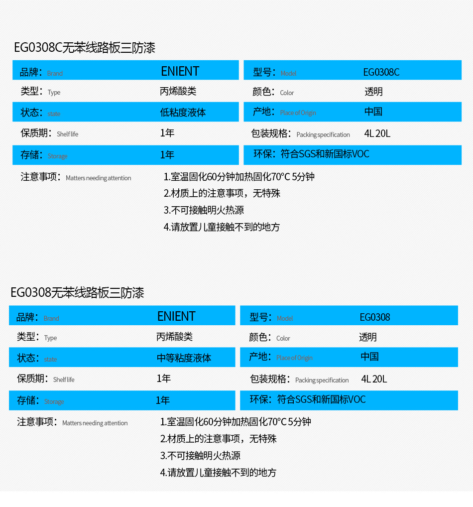 EG0308無(wú)苯線路板三防漆具有優(yōu)異的防水、防潮、防塵、絕緣性能，同時(shí)耐冷熱沖擊、耐老化、耐輻射、耐鹽霧、耐腐蝕、耐振動(dòng)、耐電弧，柔韌性、附著力等性能良好，帶熒光指示，可檢查噴涂是否到位。