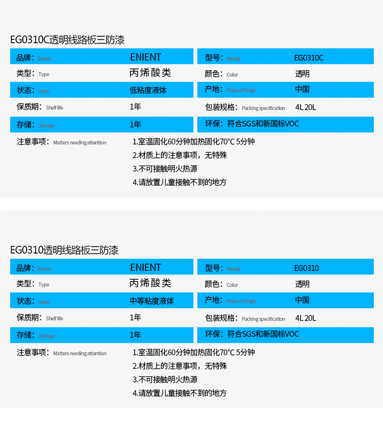 EG0310透明線路板三防漆具有優(yōu)異的防水、防潮、防塵、絕緣性能，同時(shí)耐冷熱沖擊、耐老化、耐輻射、耐鹽霧、耐腐蝕、耐振動、耐電弧，柔韌性、附著力等性能良好，帶熒光指示，可檢查噴涂是否到位。