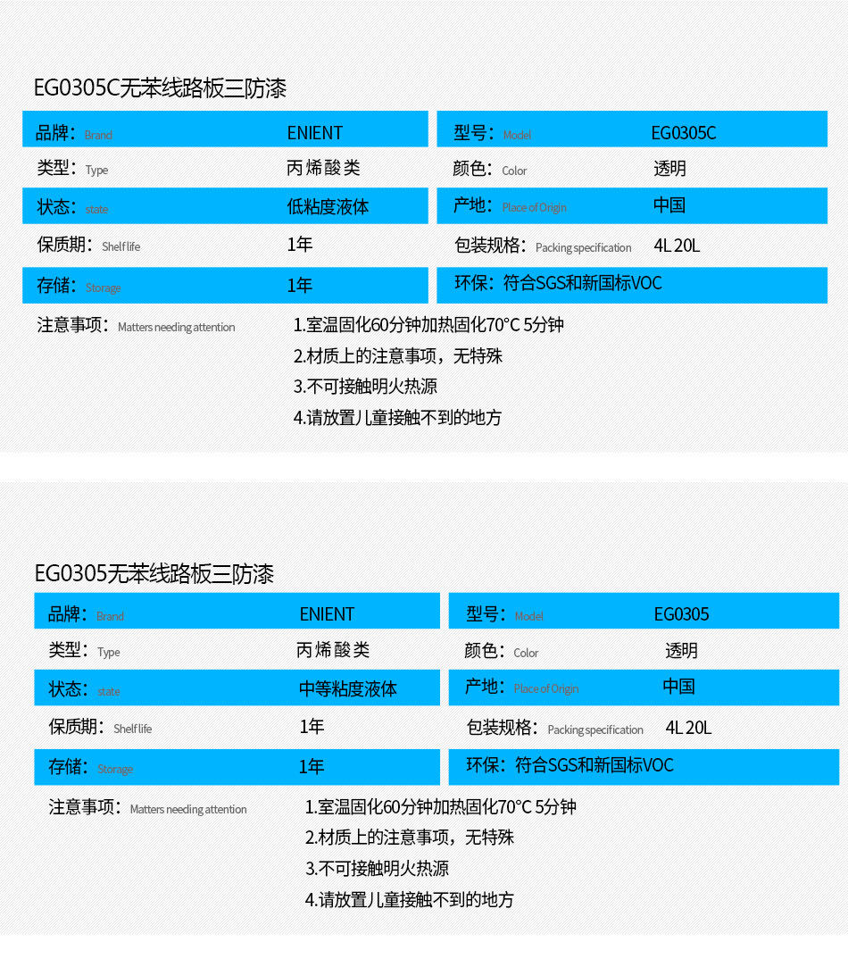 EG0305無苯線路板三防漆具有優(yōu)異的防水、防潮、防塵、絕緣性能，同時耐冷熱沖擊、耐老化、耐輻射、耐鹽霧、耐腐蝕、耐振動、耐電弧，柔韌性、附著力等性能良好，帶熒光指示，可檢查噴涂是否到位。